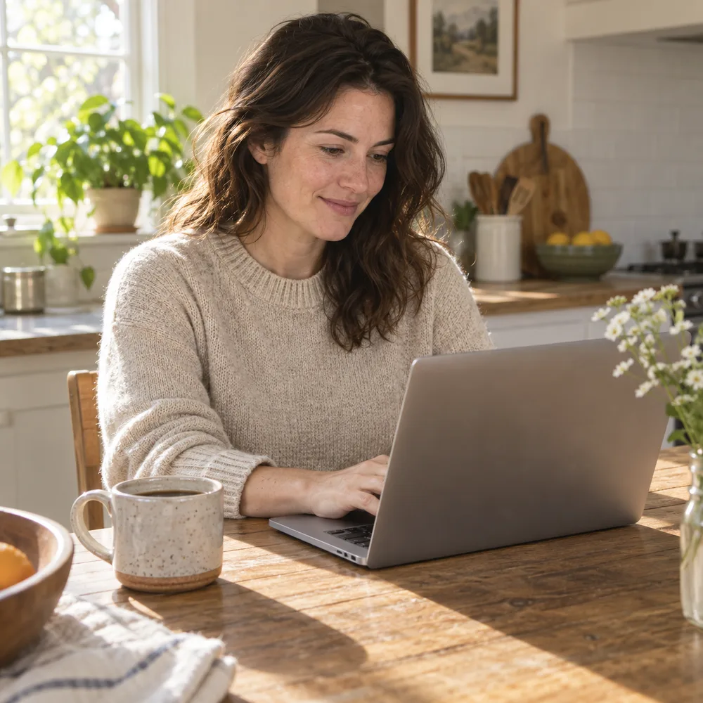 A woman using a laptop beside her coffee in a naturally lit home.
