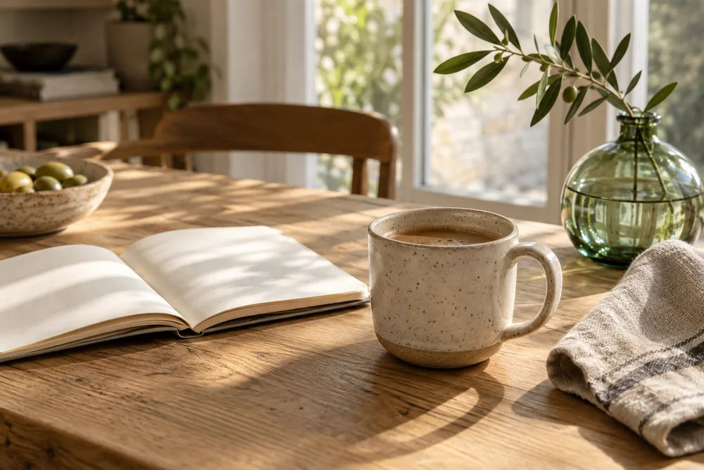 A coffee mug, notebook and linen cloth on a sunlit wooden table.