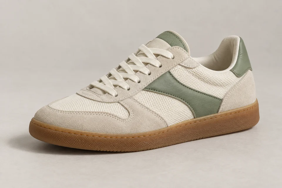 Krem ve adaçayı yeşili süet sneaker ürün fotoğrafı.