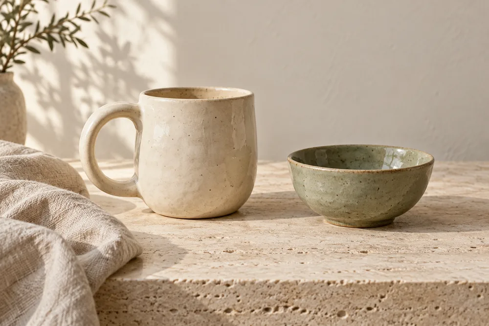 A cream ceramic mug and sage green bowl on a natural stone table.